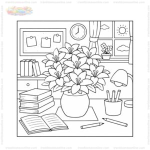 Tranh tô màu bình hoa ly trên bàn học