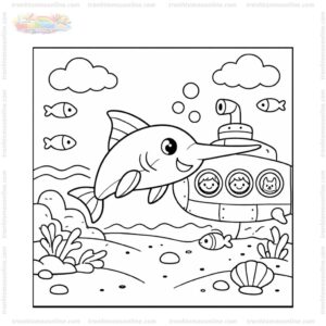 Tranh tô màu cá kiếm bơi cạnh tàu ngầm