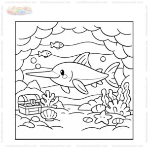 Tranh tô màu cá kiếm bơi qua hang động dưới biển