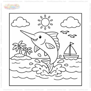 Tranh tô màu cá kiếm nhảy khỏi mặt nước