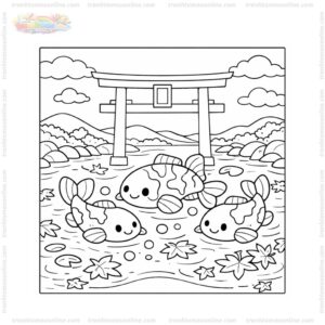 Tranh tô màu cá koi bơi quanh cổng torii đỏ