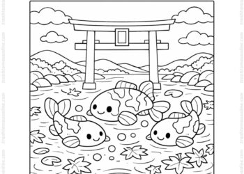 Tranh tô màu cá koi bơi quanh cổng torii đỏ