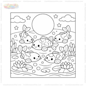 Tranh tô màu cá koi bơi theo đàn dưới ánh trăng