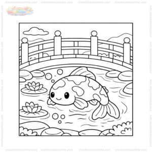 Tranh tô màu cá koi bơi dưới cầu gỗ nhật bản