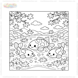 Tranh tô màu cá koi và lá phong mùa thu