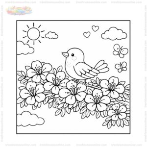 Tranh tô màu chim đậu trên cành hoa phượng