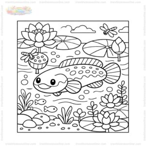 Tranh tô màu con cá lóc bơi dưới ao sen