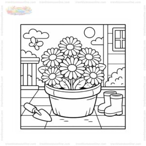 Tranh tô màu hoa đồng tiền trong chậu gốm