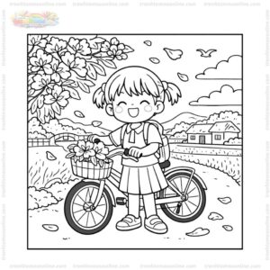 Tranh tô màu hoa phượng và chiếc xe đạp