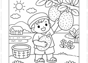 Tranh tô màu bé hái quả mít