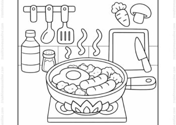 Tranh tô màu cái chảo đang nấu ăn