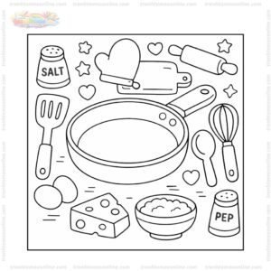 Tranh tô màu cái chảo và dụng cụ nhà bếp
