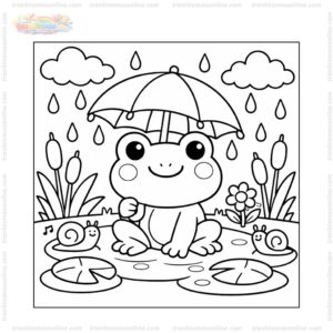 Tranh tô màu con ếch dưới trời mưa
