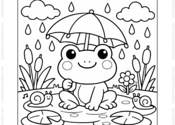 Tranh tô màu con ếch dưới trời mưa
