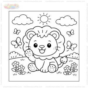Tranh tô màu con sư tử đang chơi với bướm