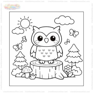 Tranh tô màu cú mèo đứng trên gốc cây