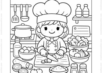 Tranh tô màu đầu bếp cắt nguyên liệu