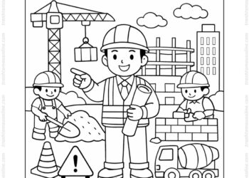 Tranh tô màu kỹ sư xây dựng chỉ đạo công nhân