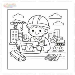 Tranh tô màu kỹ sư xây dựng kiểm tra bản vẽ