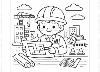 Tranh tô màu kỹ sư xây dựng kiểm tra bản vẽ