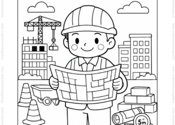 Tranh tô màu kỹ sư xây dựng và bản vẽ thiết kế
