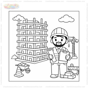 Tranh tô màu kỹ sư xây dựng đứng cạnh tòa nhà