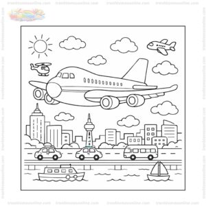 Tranh tô màu máy bay Boeing 747 bay qua thành phố