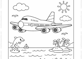 Tranh tô màu máy bay Boeing 747 bay trên đại dương