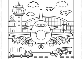 Tranh tô màu máy bay Boeing 747 tại sân bay