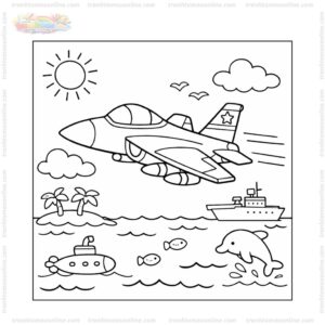 Tranh tô màu máy bay chiến đấu bay qua biển