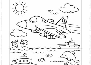 Tranh tô màu máy bay chiến đấu bay qua biển