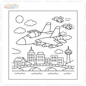 Tranh tô màu máy bay chiến đấu bay qua thành phố