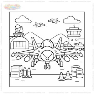 Tranh tô màu máy bay chiến đấu trong căn cứ quân sự
