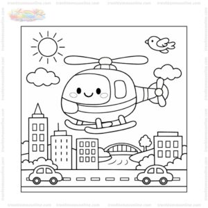 Tranh tô màu máy bay trực thăng bay qua thành phố