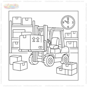 Tranh tô màu xe nâng đang nâng thùng hàng