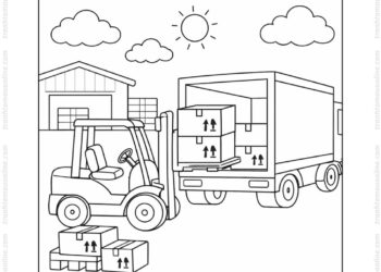 Tranh tô màu xe nâng xếp hàng lên xe tải