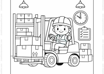 Tranh tô màu xe nâng và người công nhân