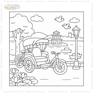 Tranh tô màu xe xích lô bên bờ hồ Tranh tô màu xe xích lô bên bờ hồ
