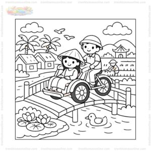Tranh tô màu xe xích lô chạy qua cầu Tranh tô màu xe xích lô chạy qua cầu