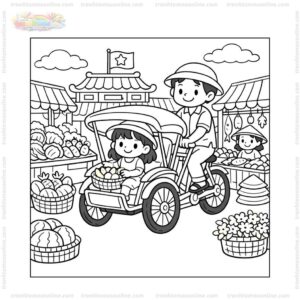 Tranh tô màu xe xích lô chạy qua chợ Tranh tô màu xe xích lô chạy qua chợ
