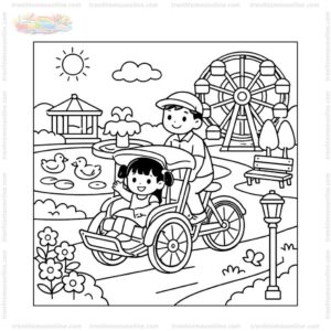 Tranh tô màu xe xích lô chạy qua công viên Tranh tô màu xe xích lô chạy qua công viên