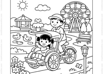 Tranh tô màu xe xích lô chạy qua công viên