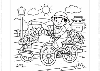 Tranh tô màu xe xích lô chở hoa