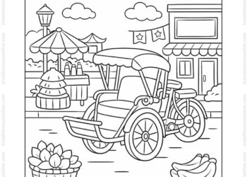 Tranh tô màu xe xích lô đậu bên đường