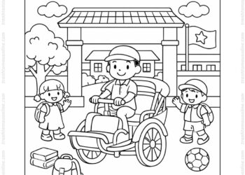 Tranh tô màu xe xích lô trước cổng trường